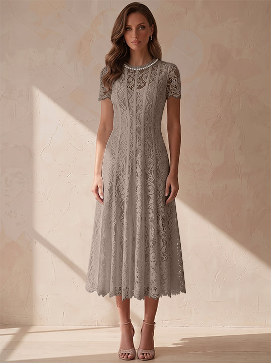 A-Line/Princess Scoop Lace Cocktail Dresses Tea-Length Little White Dresses Beading Short Sleeves Party Dresses