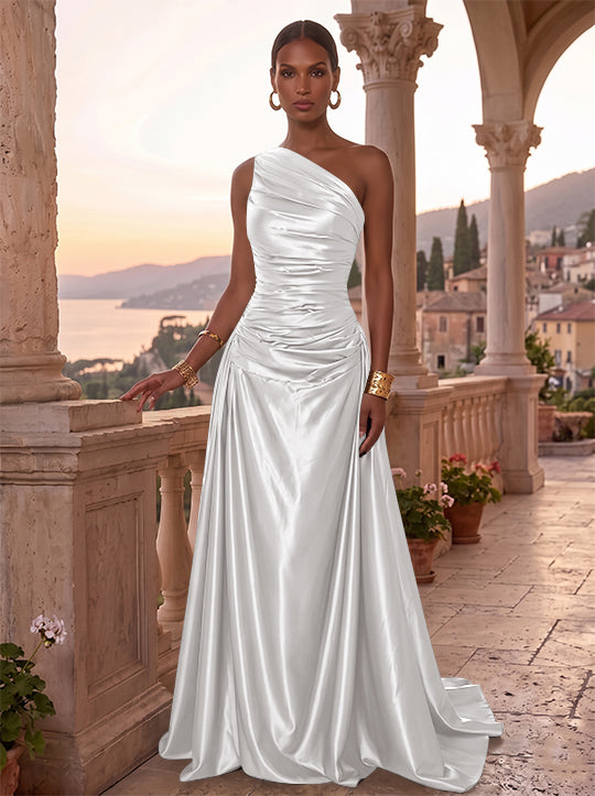 A-Line/Princess One-Shoulder Silk Satin Evening Dresses Sleeveless Ruched Floor-Length Formal Dresses