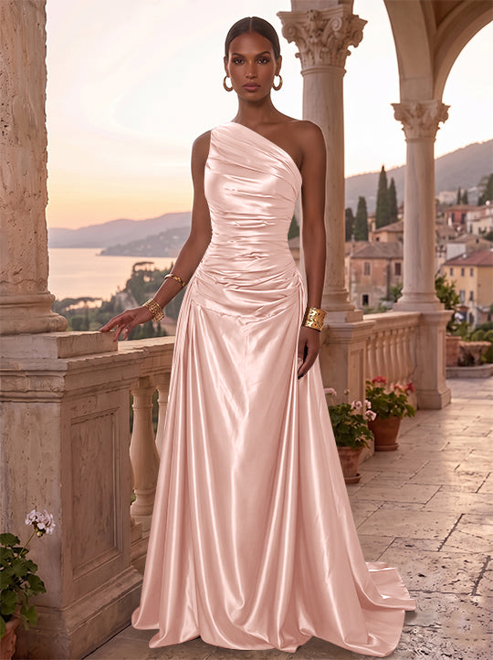 A-Line/Princess One-Shoulder Silk Satin Evening Dresses Sleeveless Ruched Floor-Length Formal Dresses