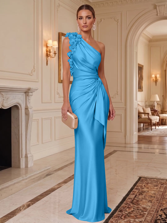 Sheath/Column One-Shoulder Silk Satin Evening Dresses with 3D Flowers Sleeveless Floor-Length Ruffles Formal Dresses