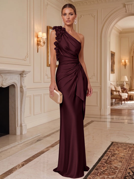 Sheath/Column One-Shoulder Silk Satin Evening Dresses with 3D Flowers Sleeveless Floor-Length Ruffles Formal Dresses