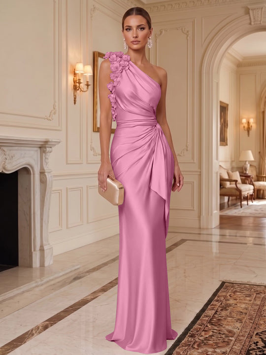 Sheath/Column One-Shoulder Silk Satin Evening Dresses with 3D Flowers Sleeveless Floor-Length Ruffles Formal Dresses