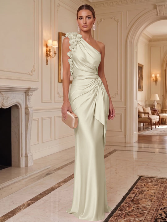 Sheath/Column One-Shoulder Silk Satin Evening Dresses with 3D Flowers Sleeveless Floor-Length Ruffles Formal Dresses