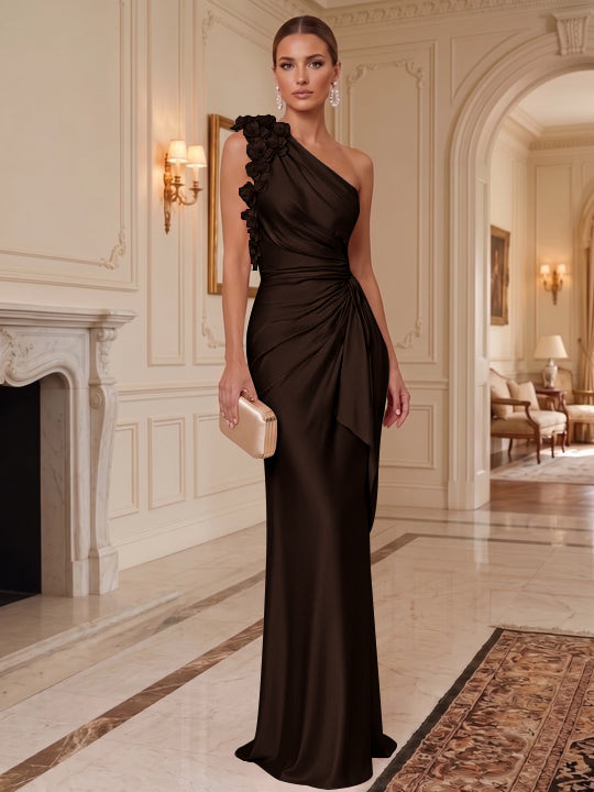 Sheath/Column One-Shoulder Silk Satin Evening Dresses with 3D Flowers Sleeveless Floor-Length Ruffles Formal Dresses