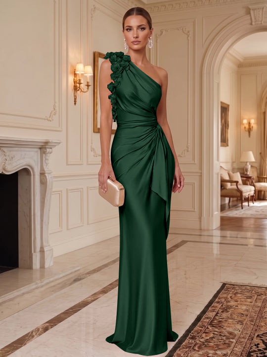 Sheath/Column One-Shoulder Silk Satin Evening Dresses with 3D Flowers Sleeveless Floor-Length Ruffles Formal Dresses