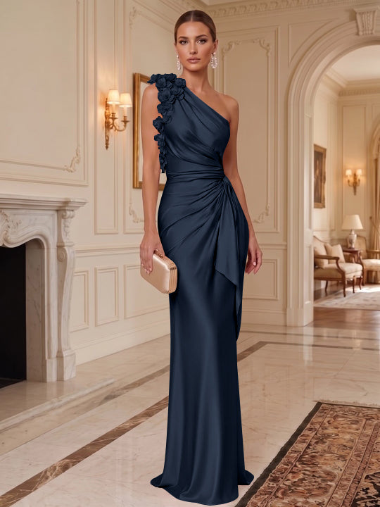 Sheath/Column One-Shoulder Silk Satin Evening Dresses with 3D Flowers Sleeveless Floor-Length Ruffles Formal Dresses