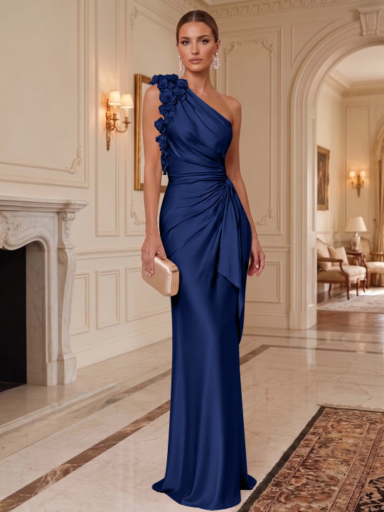 Sheath/Column One-Shoulder Silk Satin Evening Dresses with 3D Flowers Sleeveless Floor-Length Ruffles Formal Dresses