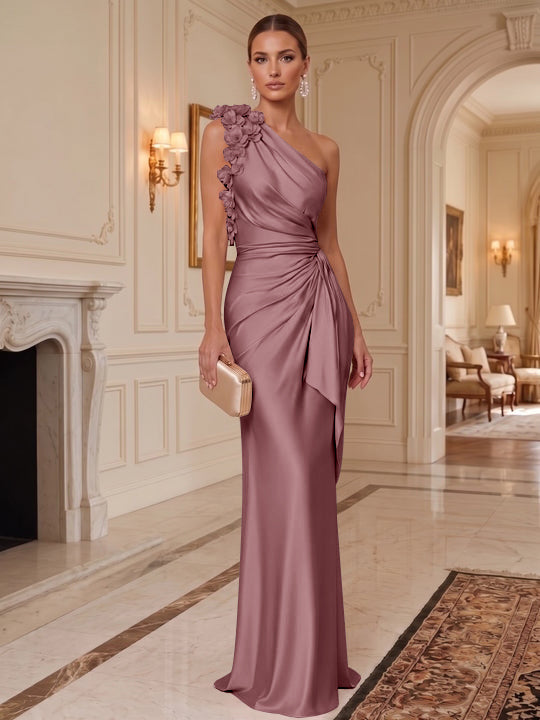 Sheath/Column One-Shoulder Silk Satin Evening Dresses with 3D Flowers Sleeveless Floor-Length Ruffles Formal Dresses