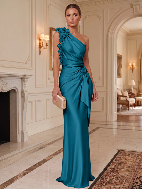 Sheath/Column One-Shoulder Silk Satin Evening Dresses with 3D Flowers Sleeveless Floor-Length Ruffles Formal Dresses