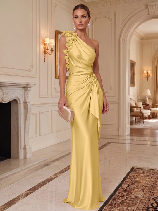 Sheath/Column One-Shoulder Silk Satin Evening Dresses with 3D Flowers Sleeveless Floor-Length Ruffles Formal Dresses