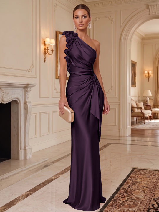 Sheath/Column One-Shoulder Silk Satin Evening Dresses with 3D Flowers Sleeveless Floor-Length Ruffles Formal Dresses