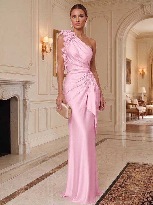 Sheath/Column One-Shoulder Silk Satin Evening Dresses with 3D Flowers Sleeveless Floor-Length Ruffles Formal Dresses
