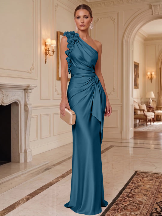 Sheath/Column One-Shoulder Silk Satin Evening Dresses with 3D Flowers Sleeveless Floor-Length Ruffles Formal Dresses