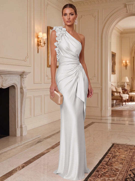 Sheath/Column One-Shoulder Silk Satin Evening Dresses with 3D Flowers Sleeveless Floor-Length Ruffles Formal Dresses