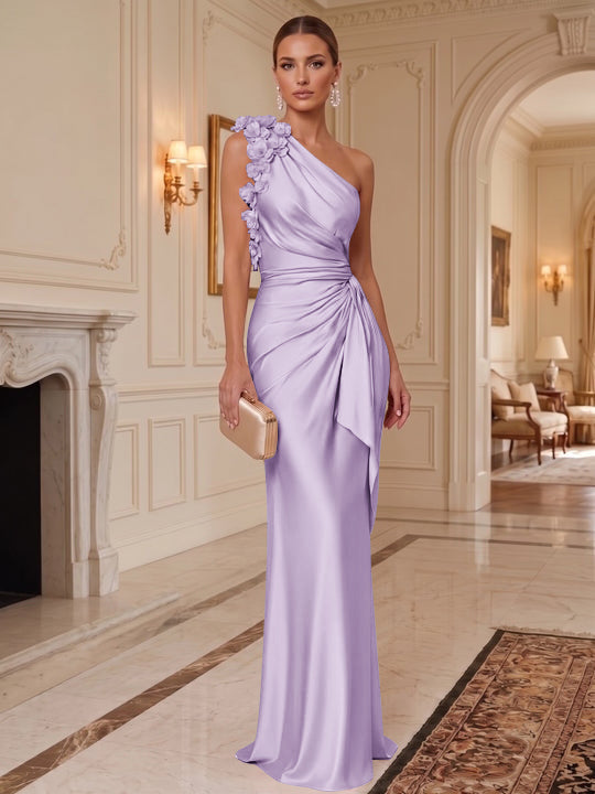 Sheath/Column One-Shoulder Silk Satin Evening Dresses with 3D Flowers Sleeveless Floor-Length Ruffles Formal Dresses