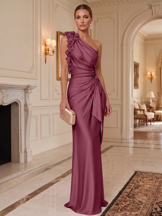 Sheath/Column One-Shoulder Silk Satin Evening Dresses with 3D Flowers Sleeveless Floor-Length Ruffles Formal Dresses