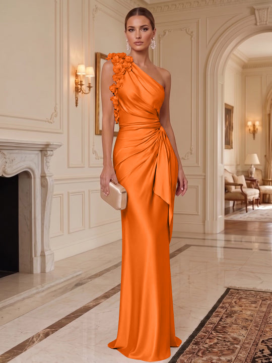 Sheath/Column One-Shoulder Silk Satin Evening Dresses with 3D Flowers Sleeveless Floor-Length Ruffles Formal Dresses