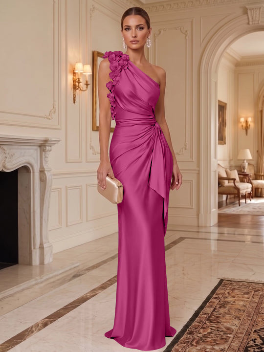 Sheath/Column One-Shoulder Silk Satin Evening Dresses with 3D Flowers Sleeveless Floor-Length Ruffles Formal Dresses