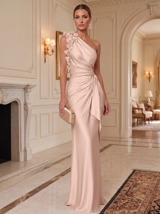Sheath/Column One-Shoulder Silk Satin Evening Dresses with 3D Flowers Sleeveless Floor-Length Ruffles Formal Dresses