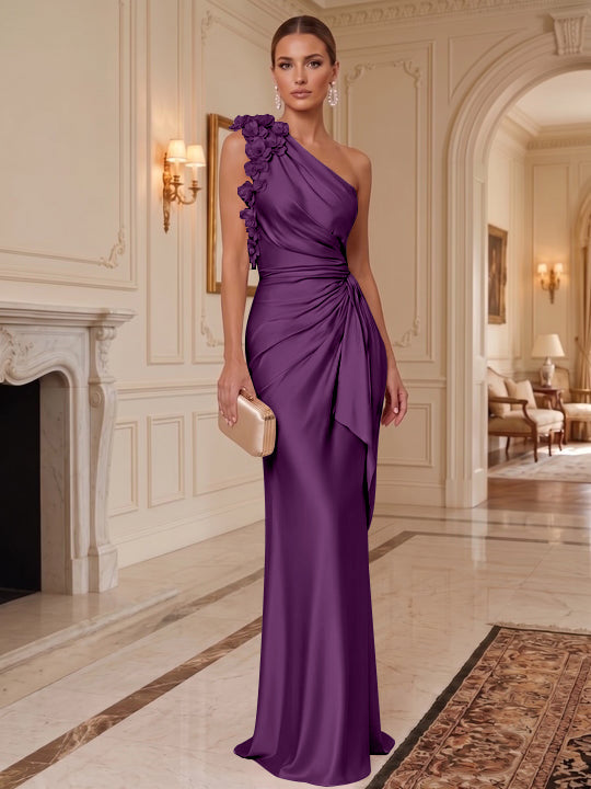 Sheath/Column One-Shoulder Silk Satin Evening Dresses with 3D Flowers Sleeveless Floor-Length Ruffles Formal Dresses