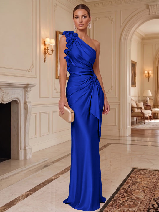 Sheath/Column One-Shoulder Silk Satin Evening Dresses with 3D Flowers Sleeveless Floor-Length Ruffles Formal Dresses
