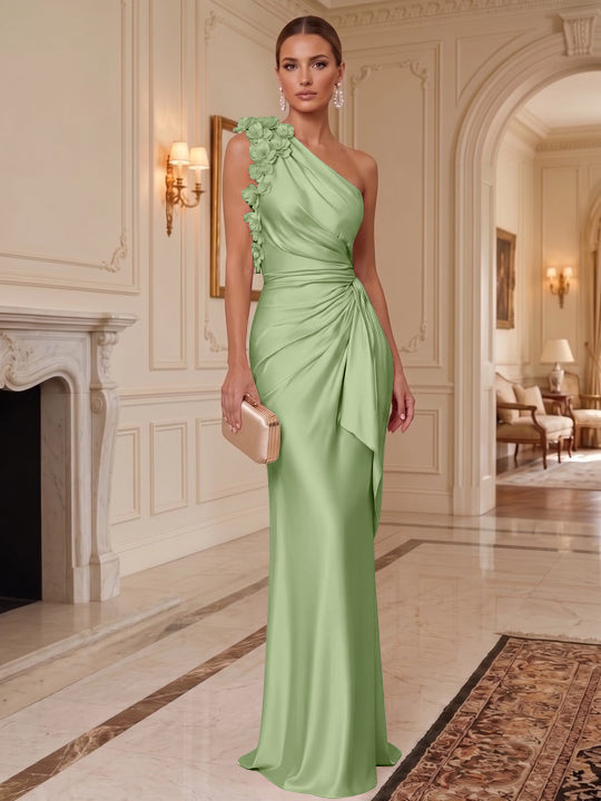 Sheath/Column One-Shoulder Silk Satin Evening Dresses with 3D Flowers Sleeveless Floor-Length Ruffles Formal Dresses