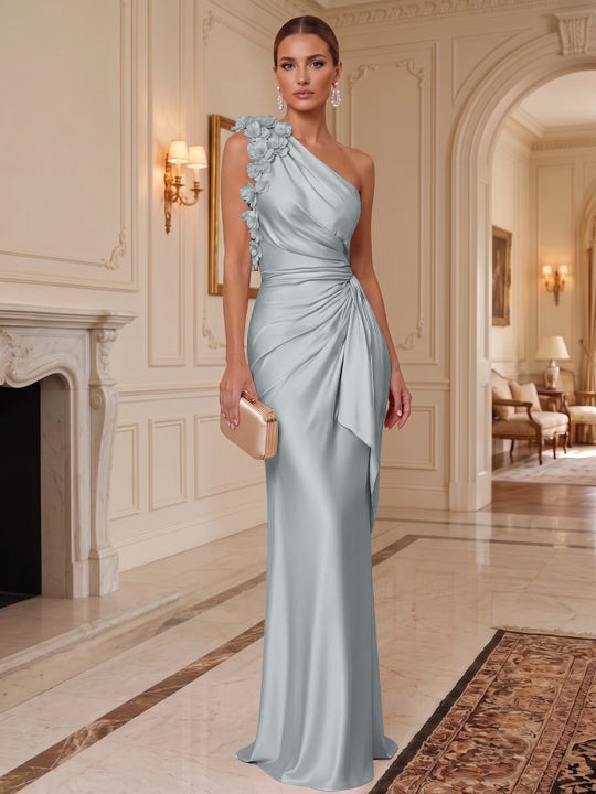 Sheath/Column One-Shoulder Silk Satin Evening Dresses with 3D Flowers Sleeveless Floor-Length Ruffles Formal Dresses