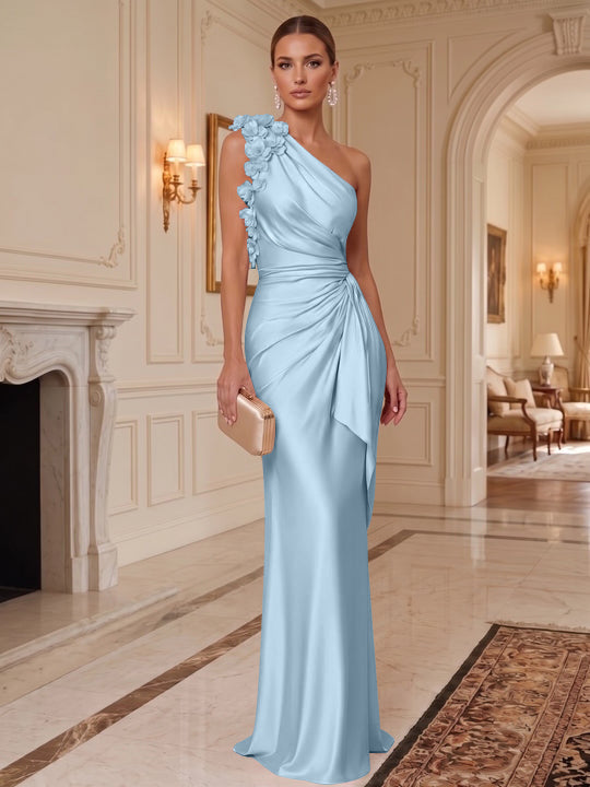 Sheath/Column One-Shoulder Silk Satin Evening Dresses with 3D Flowers Sleeveless Floor-Length Ruffles Formal Dresses