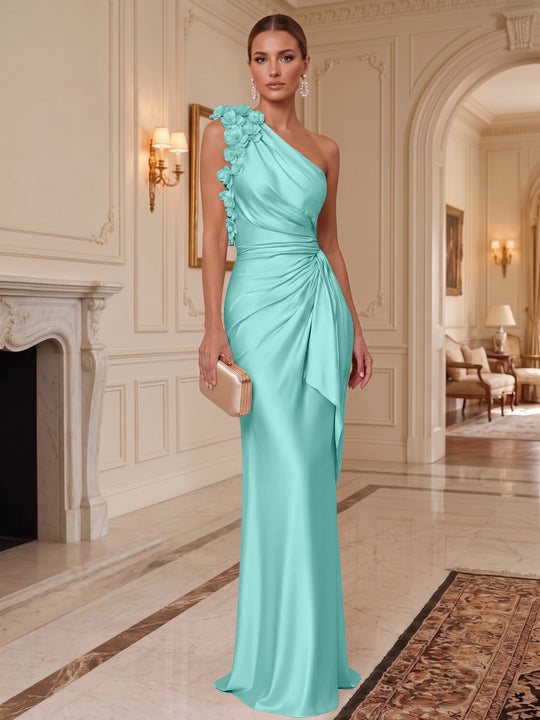 Sheath/Column One-Shoulder Silk Satin Evening Dresses with 3D Flowers Sleeveless Floor-Length Ruffles Formal Dresses