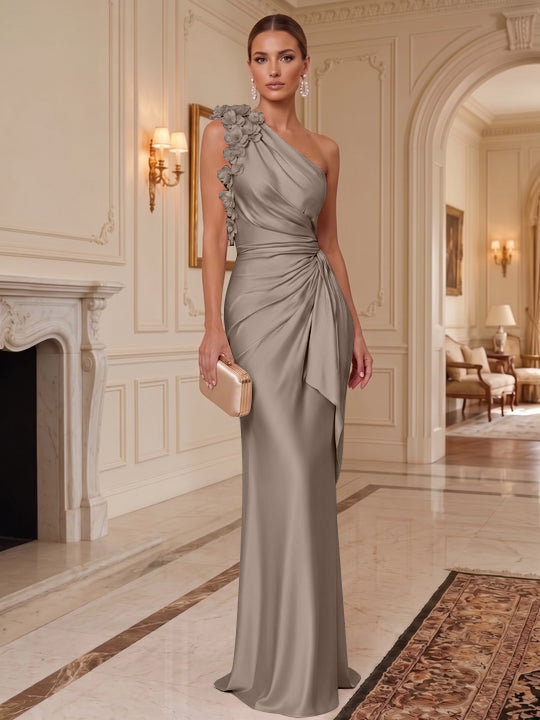 Sheath/Column One-Shoulder Silk Satin Evening Dresses with 3D Flowers Sleeveless Floor-Length Ruffles Formal Dresses