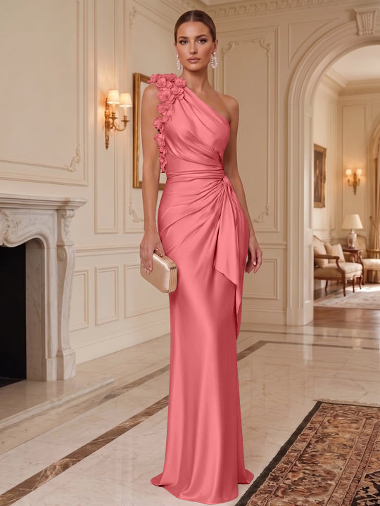 Sheath/Column One-Shoulder Silk Satin Evening Dresses with 3D Flowers Sleeveless Floor-Length Ruffles Formal Dresses