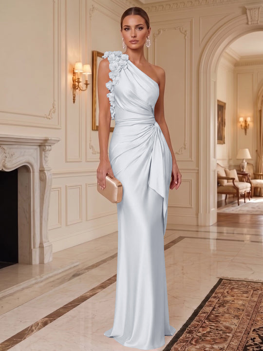 Sheath/Column One-Shoulder Silk Satin Evening Dresses with 3D Flowers Sleeveless Floor-Length Ruffles Formal Dresses