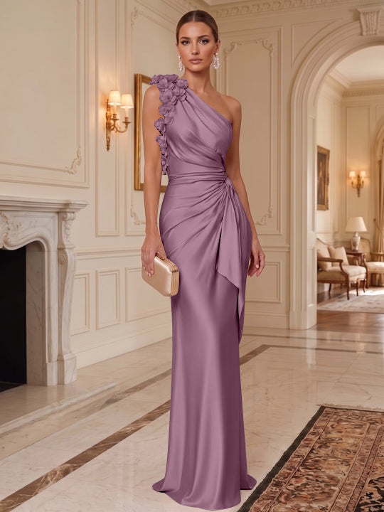 Sheath/Column One-Shoulder Silk Satin Evening Dresses with 3D Flowers Sleeveless Floor-Length Ruffles Formal Dresses