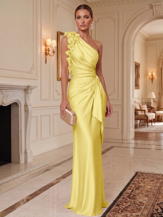 Sheath/Column One-Shoulder Silk Satin Evening Dresses with 3D Flowers Sleeveless Floor-Length Ruffles Formal Dresses