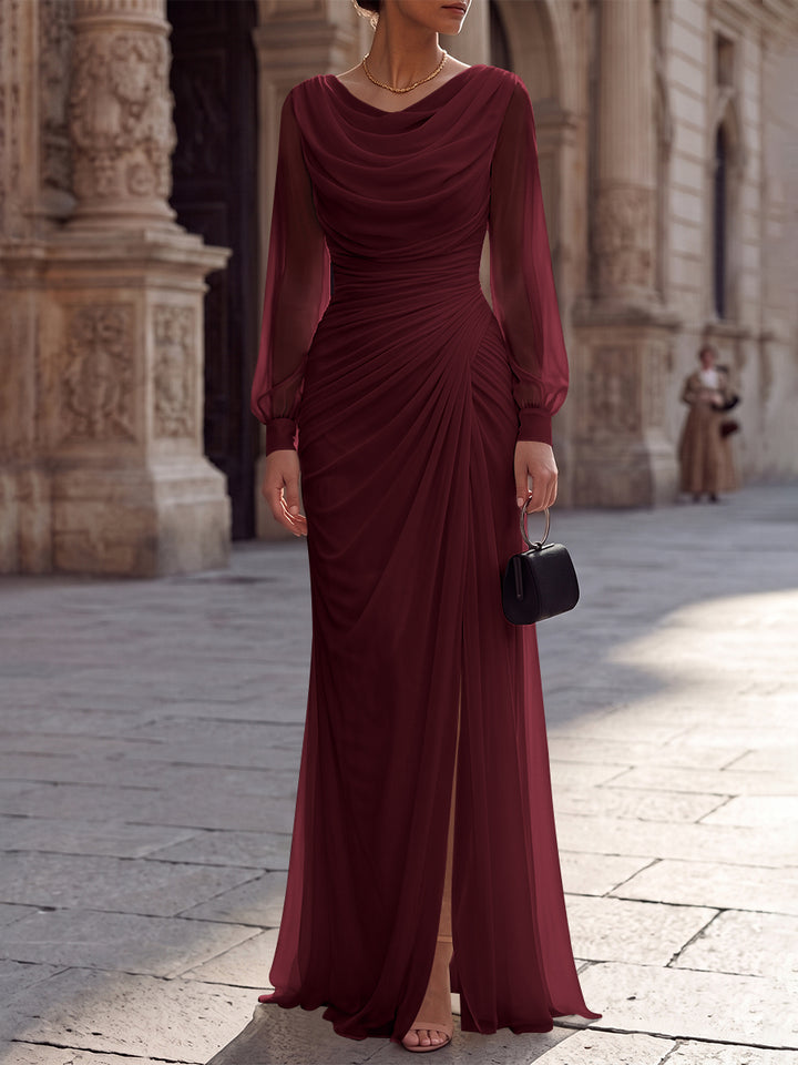 A-Line/Princess Cowl Neck Chiffon Evening Dresses with Split Side Floor-Length Long Sleeves Ruched Formal Dresses
