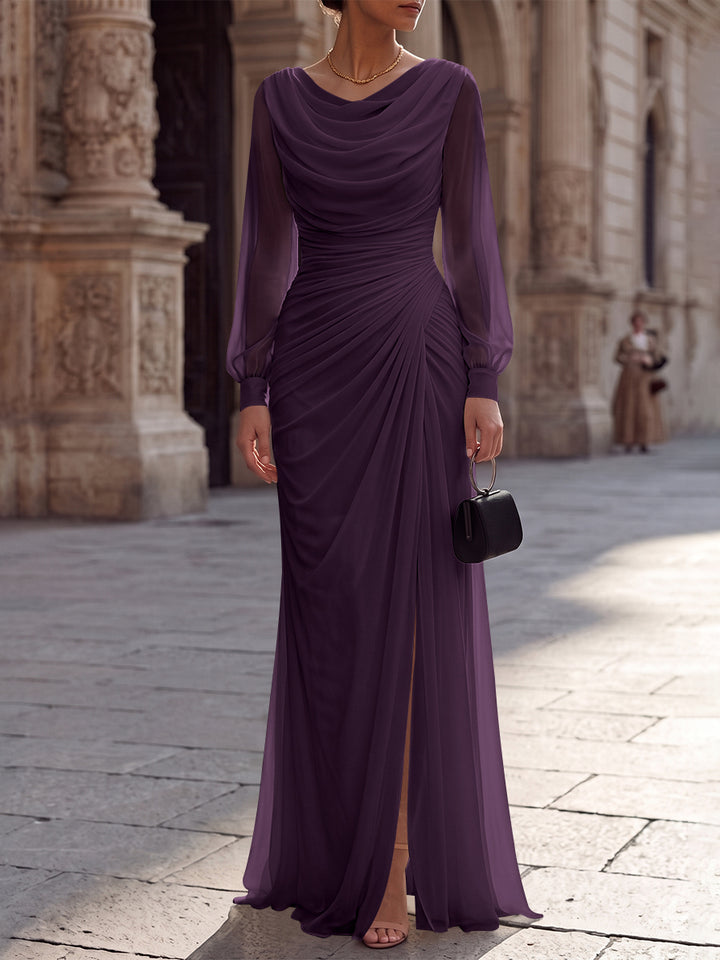 A-Line/Princess Cowl Neck Chiffon Evening Dresses with Split Side Floor-Length Long Sleeves Ruched Formal Dresses