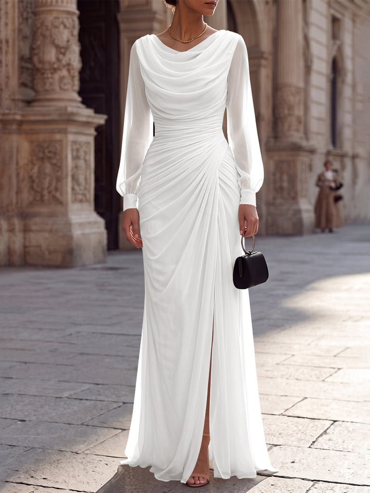 A-Line/Princess Cowl Neck Chiffon Evening Dresses with Split Side Floor-Length Long Sleeves Ruched Formal Dresses