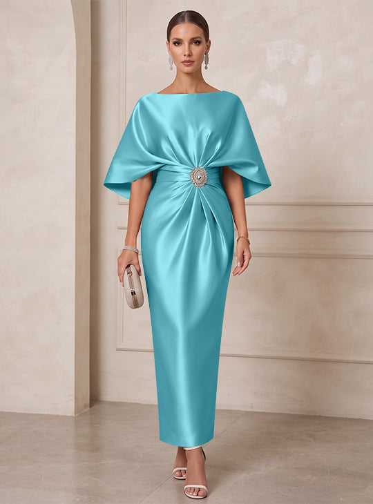 Sheath/Column Boat Neck Satin Cocktail Dresses with Sash Half Sleeves Ankle-Length Ruched Party Dresses