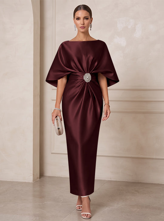 Sheath/Column Boat Neck Satin Cocktail Dresses with Sash Half Sleeves Ankle-Length Ruched Party Dresses