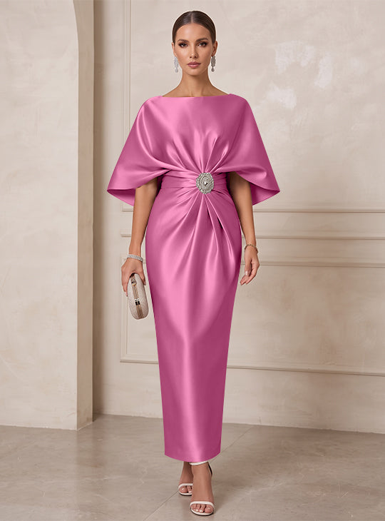Sheath/Column Boat Neck Satin Cocktail Dresses with Sash Half Sleeves Ankle-Length Ruched Party Dresses
