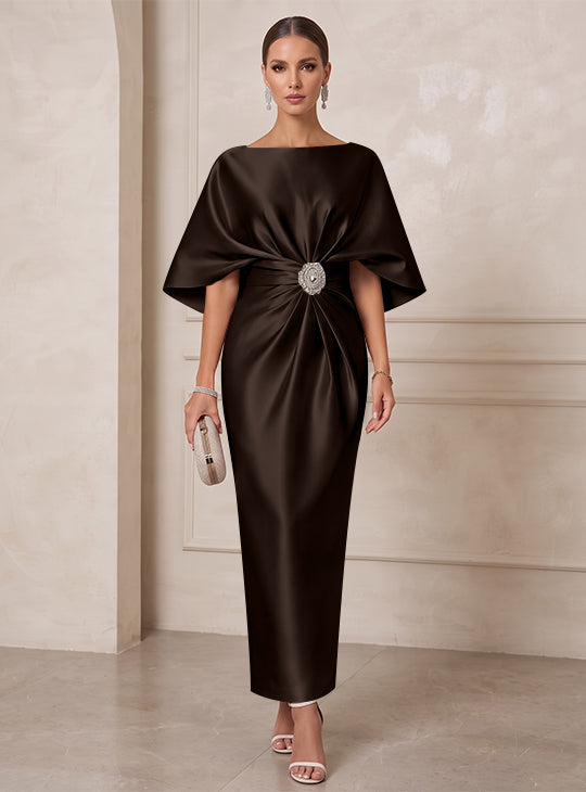 Sheath/Column Boat Neck Satin Cocktail Dresses with Sash Half Sleeves Ankle-Length Ruched Party Dresses