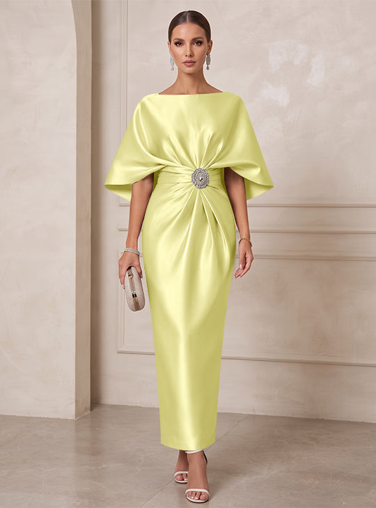 Sheath/Column Boat Neck Satin Cocktail Dresses with Sash Half Sleeves Ankle-Length Ruched Party Dresses