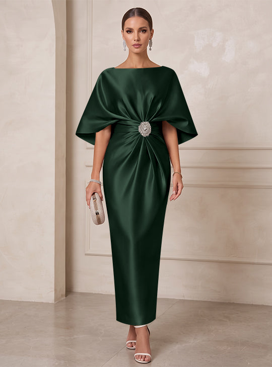 Sheath/Column Boat Neck Satin Cocktail Dresses with Sash Half Sleeves Ankle-Length Ruched Party Dresses
