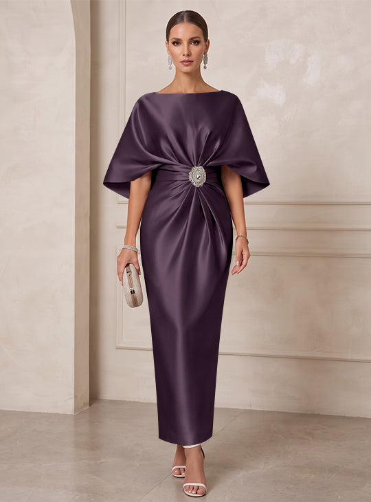 Sheath/Column Boat Neck Satin Cocktail Dresses with Sash Half Sleeves Ankle-Length Ruched Party Dresses