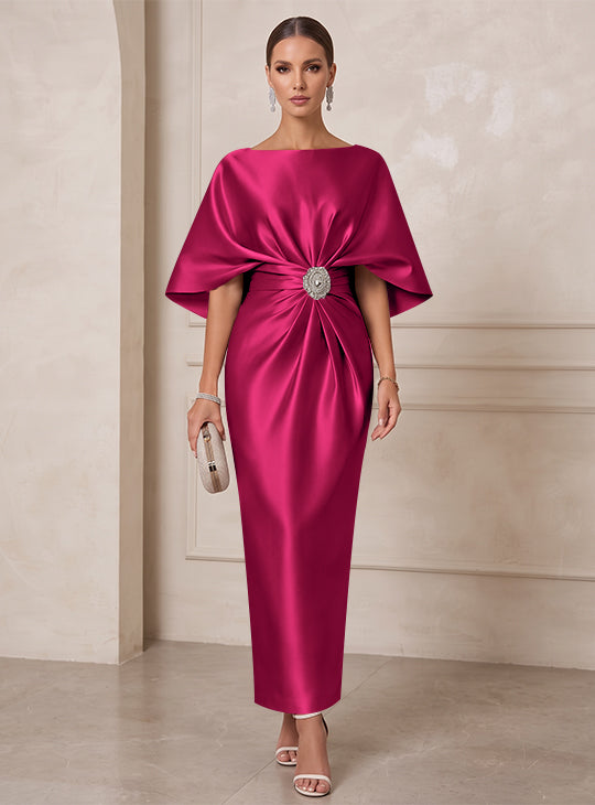 Sheath/Column Boat Neck Satin Cocktail Dresses with Sash Half Sleeves Ankle-Length Ruched Party Dresses
