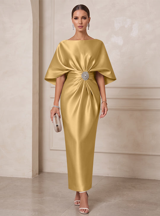 Sheath/Column Boat Neck Satin Cocktail Dresses with Sash Half Sleeves Ankle-Length Ruched Party Dresses