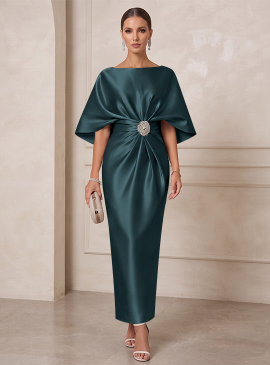Sheath/Column Boat Neck Satin Cocktail Dresses with Sash Half Sleeves Ankle-Length Ruched Party Dresses