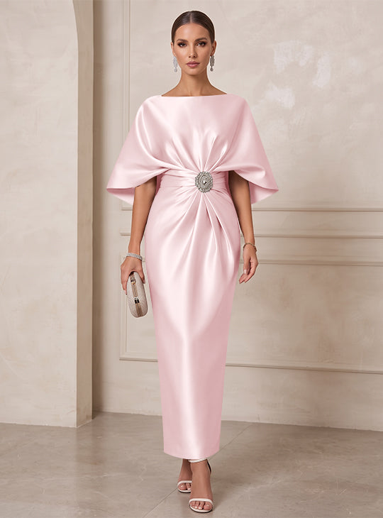 Sheath/Column Boat Neck Satin Cocktail Dresses with Sash Half Sleeves Ankle-Length Ruched Party Dresses