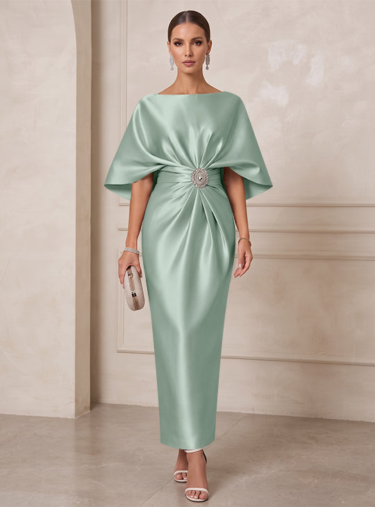 Sheath/Column Boat Neck Satin Cocktail Dresses with Sash Half Sleeves Ankle-Length Ruched Party Dresses