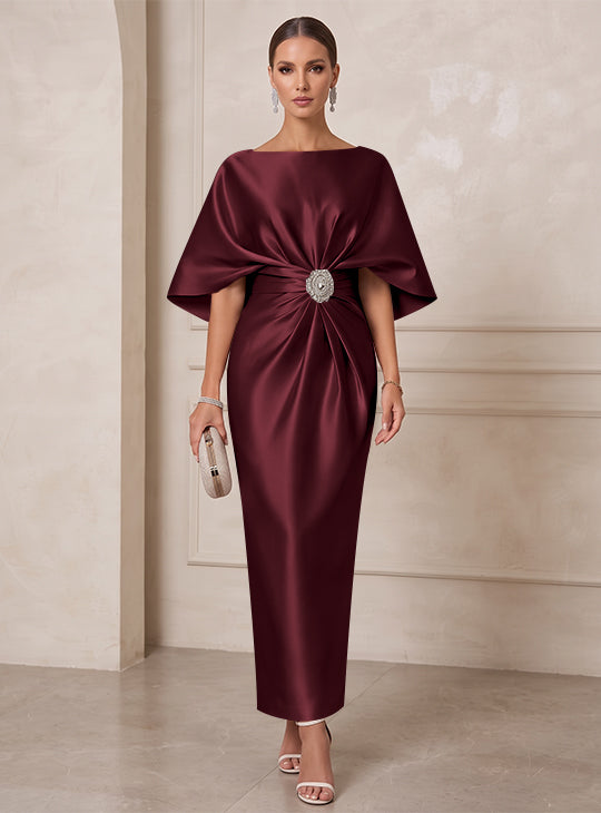Sheath/Column Boat Neck Satin Cocktail Dresses with Sash Half Sleeves Ankle-Length Ruched Party Dresses
